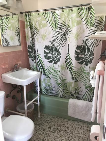 A bathroom with a green shower curtain

Description automatically generated with medium confidence